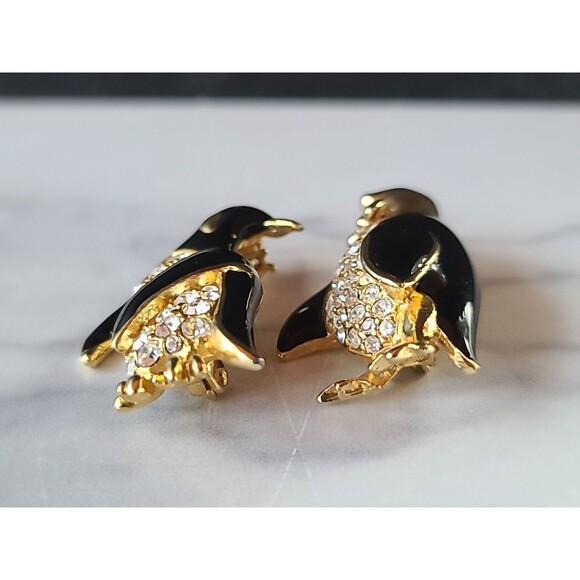 Penguin Couple Rhinestone & Enamel Gold Tone Brooch Vintage Costume Jewelry READ - Picture 4 of 11